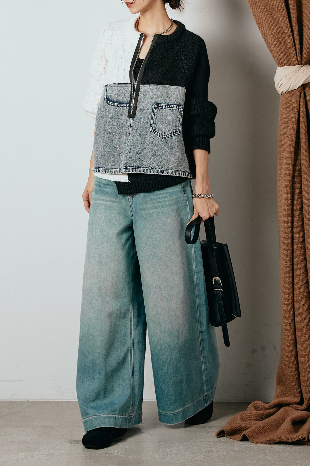 [SET]ハーフジップニットデニムドッキングトップス+ウエストダブルボタンワイドデニムパンツ(2set)