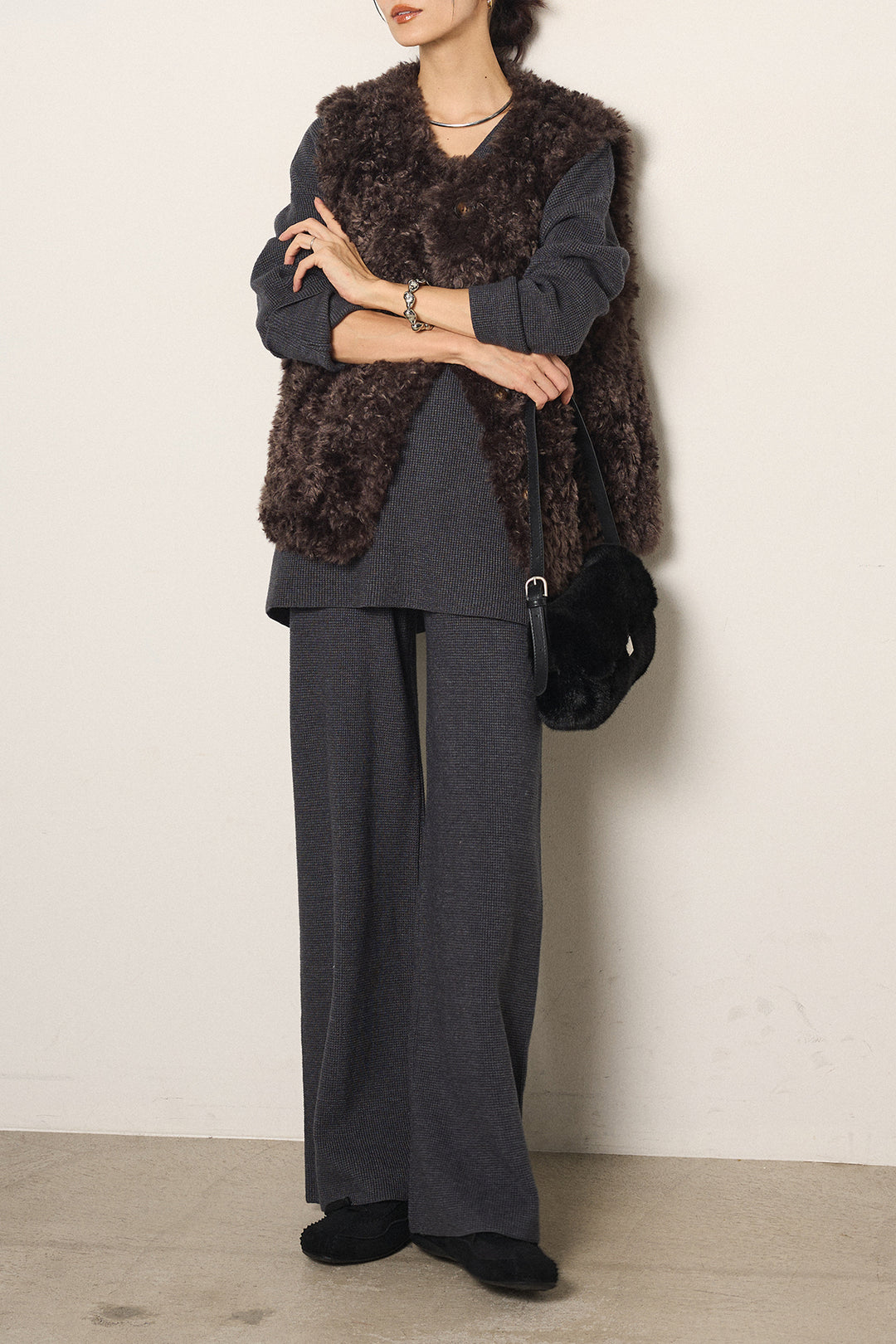 [SET]リラックスワッフルニットSETUP+ノーカラーエコファーベスト(2set)