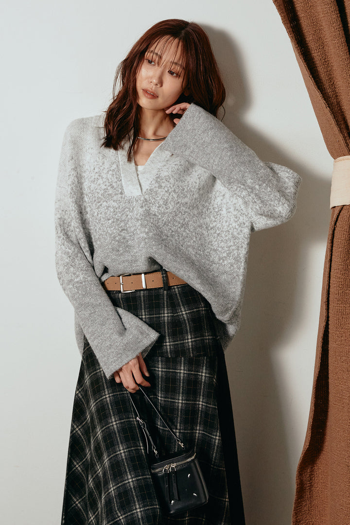[SET]グラデーションラメニットキーネックプルオーバー+フェイクレザーベルト付き切り替えタータンチェックスカート(2set)