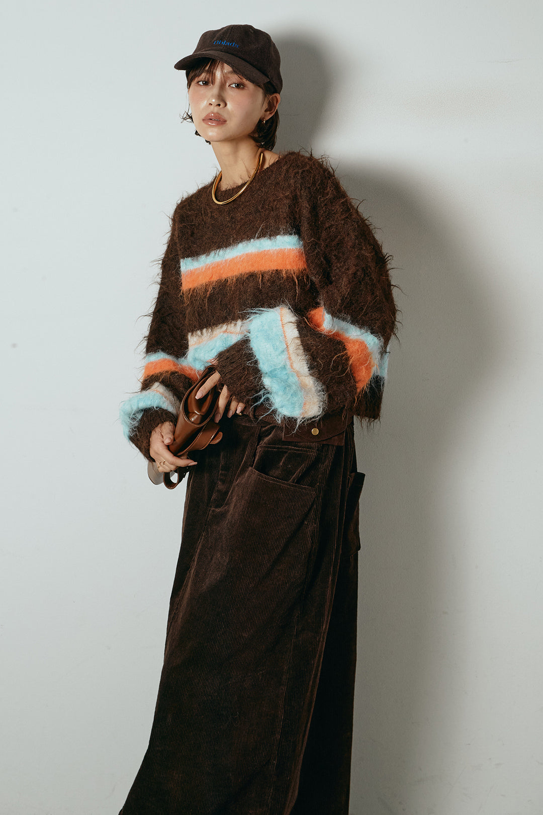 [SET]起毛配色マルチボーダーニットトップス+ポーチベルト付きコーデュロイワイドスカート(2set)