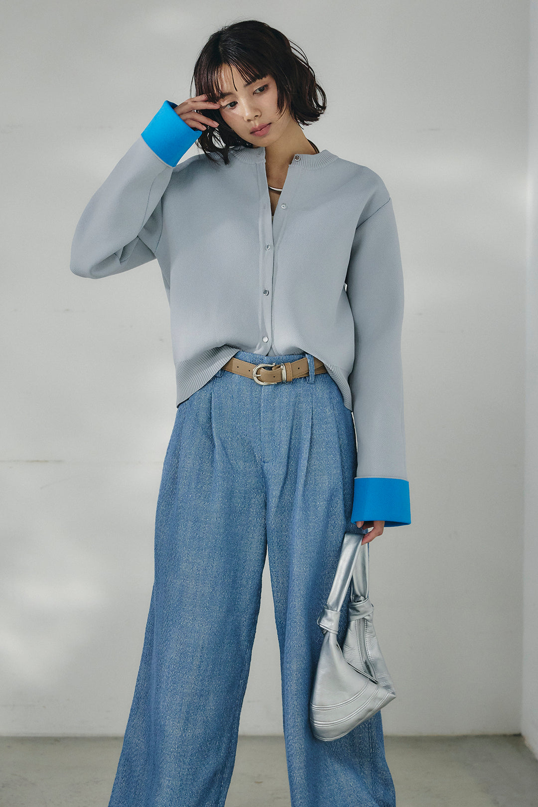 [SET]リバーシブル配色ニットカーディガン+デニムライクヘリンボーンタックパンツ(2set)