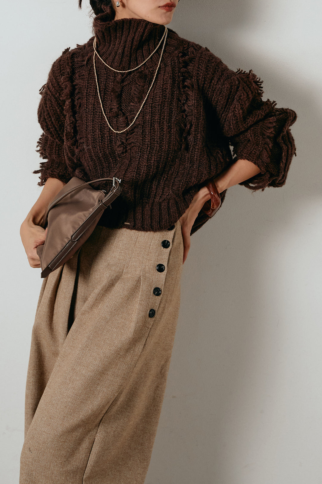 [SET]フリンジタートルショートニット+サイドボタンツイードタックパンツ(2set)