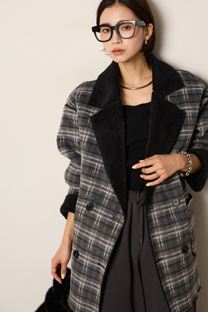 [SET]裏地ボアタータンチェック柄ミディアムコート+裏起毛スウェットワイドパンツ(2set)