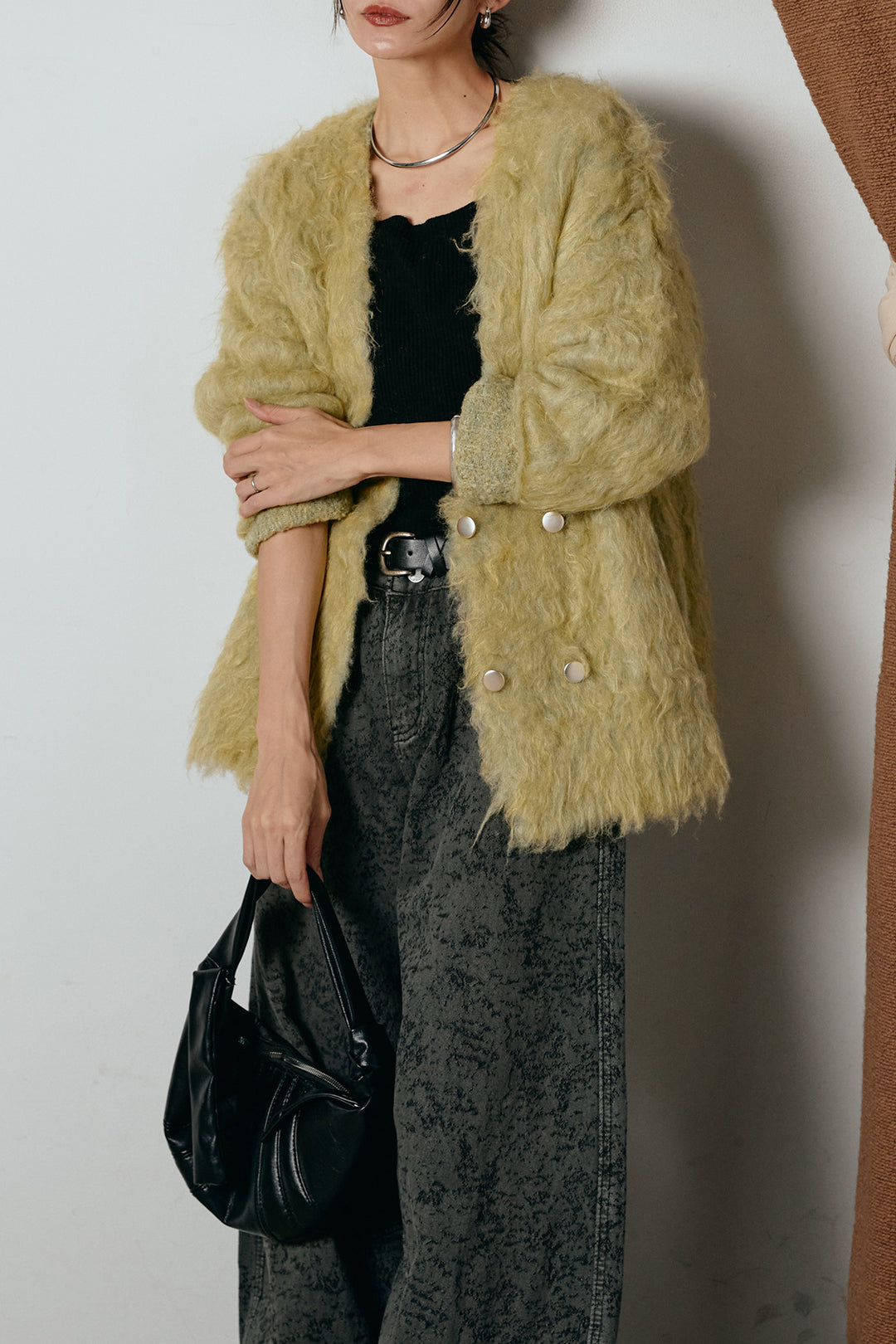 [SET]ウェーブシャギーニットジャケット+ベルト付きニュアンス柄カーブワイドパンツ(2set)