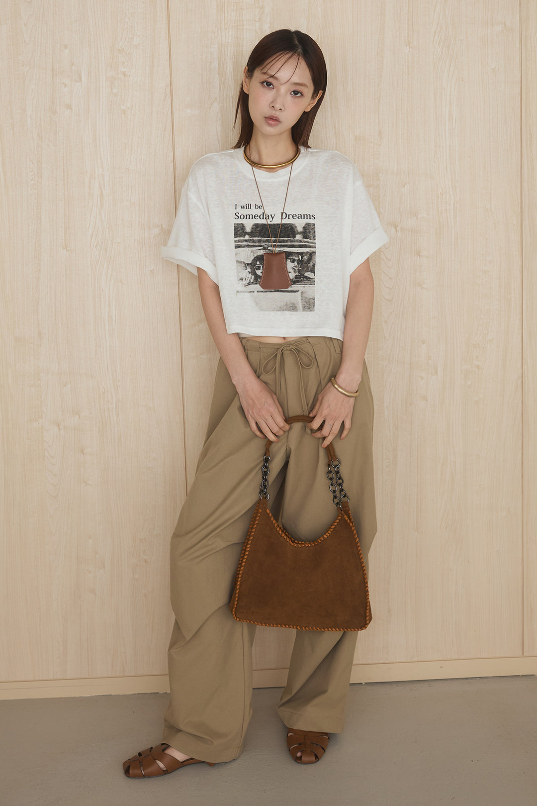 [SET]グラフィックサムデイワイドクロップドT+ニーサイドタックウエストドロストパンツ(2set)