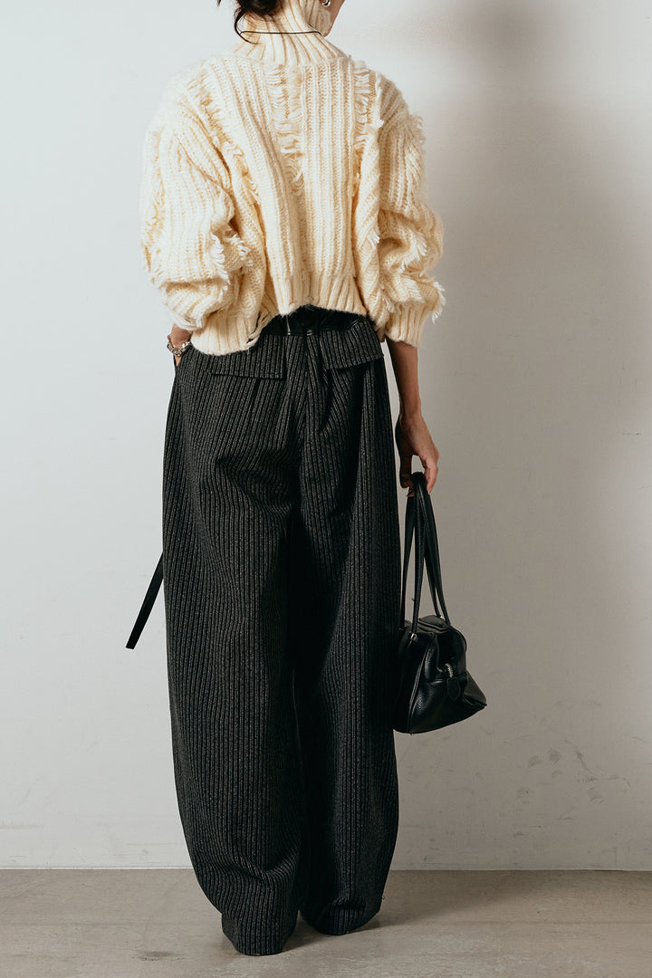 [SET]フリンジタートルショートニット+レザーライク配色ストライプパンツ(2set)