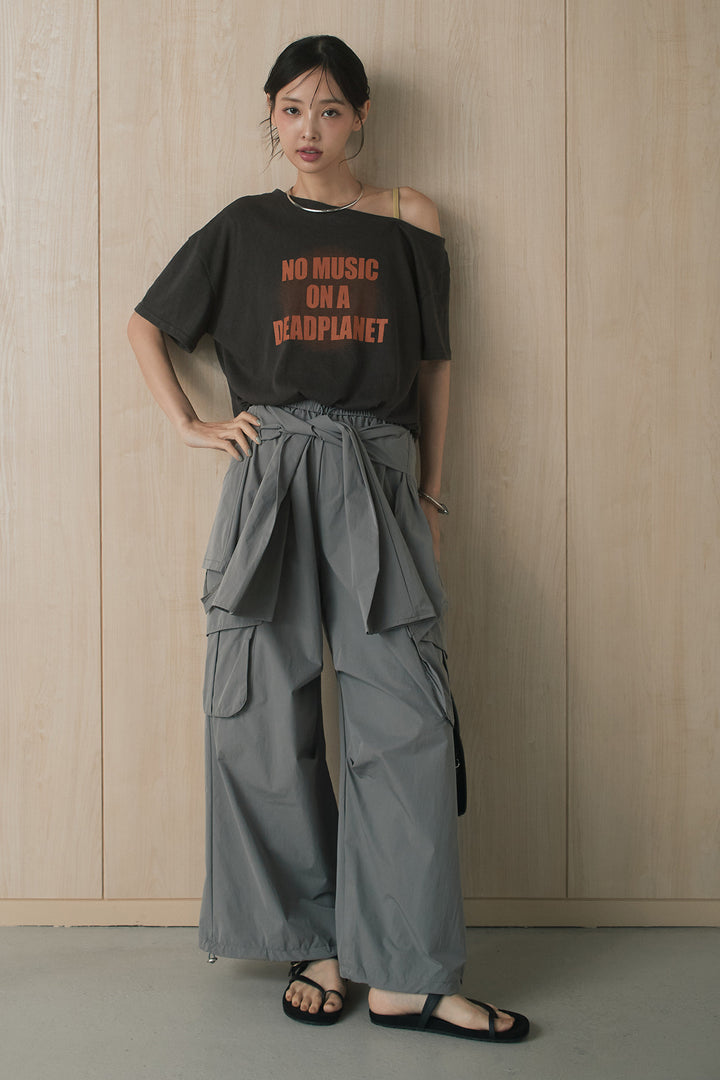 [SET]配色ワンショル半袖ロゴT+ウエスト巻き風カーゴパンツ(2set)