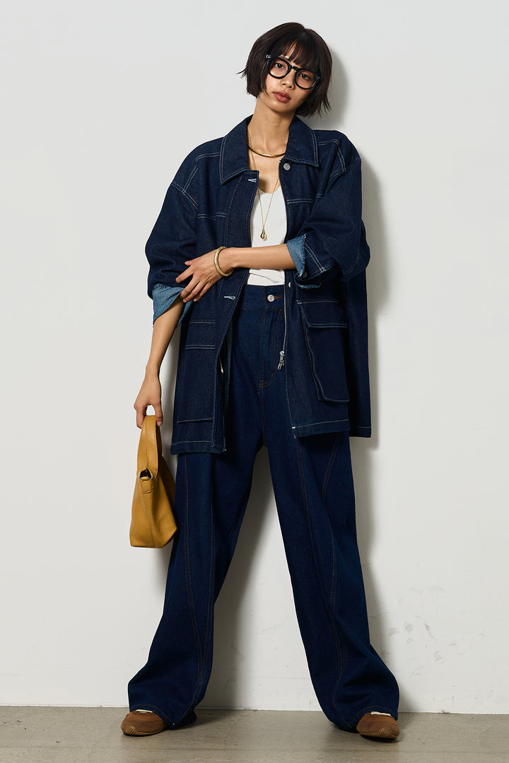 【即納】ステッチデザインデニムジップジャケット