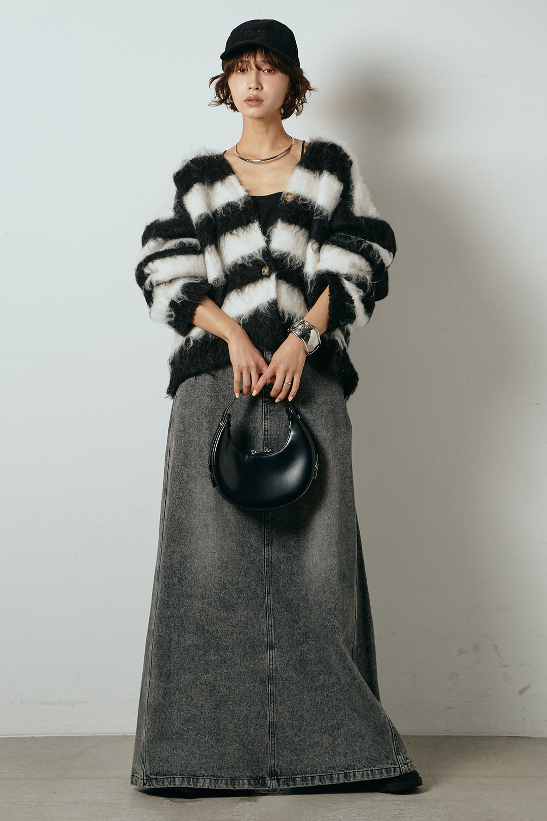 [SET]シャギーボーダー柄ニットカーディガン+デニムロングフレアスカート(2set)