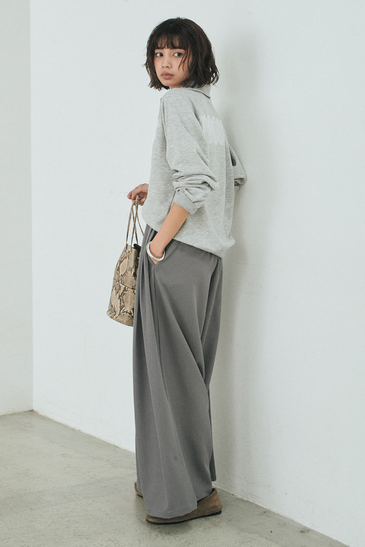 [SET]リバーレースハーフジップ裏毛スウェット+ベルト付きタックデザインハイウエストロングパンツ(2set)