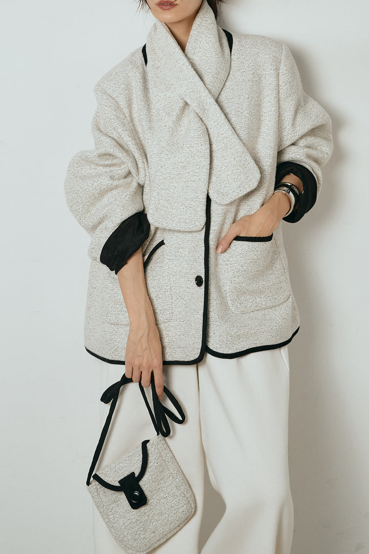 [SET]ノーカラーマフラーバッグ付きアウター+裏起毛スウェットワイドパンツ(2set)