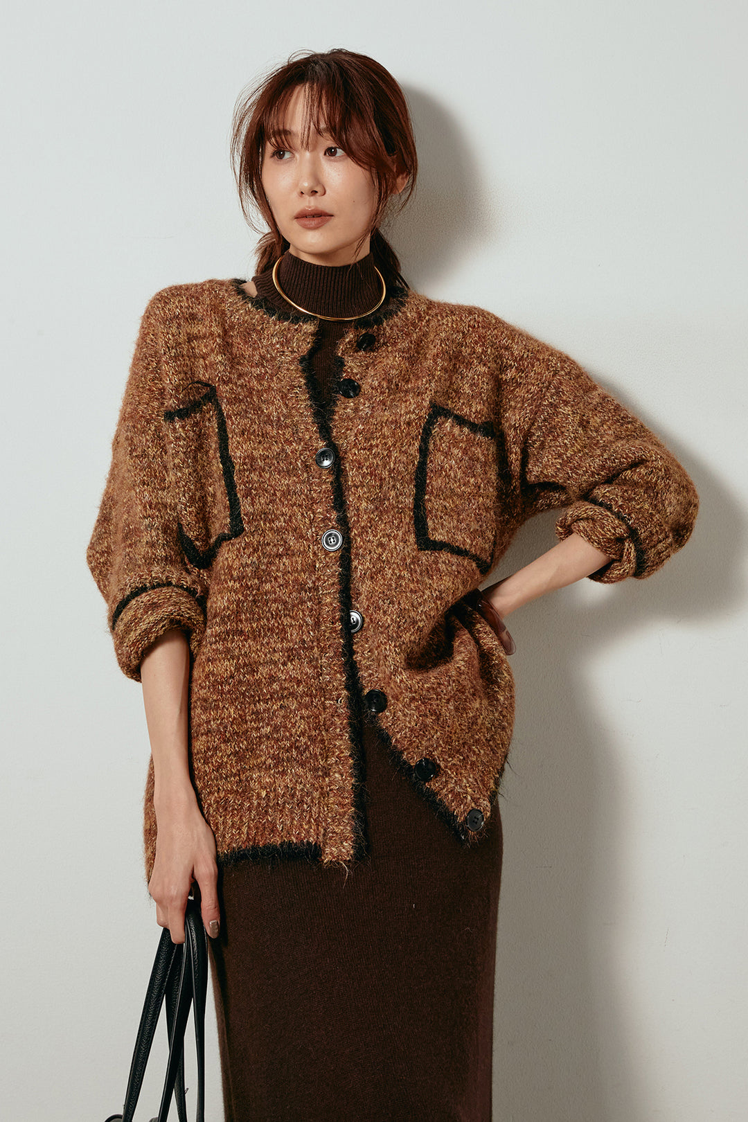 [SET]ミックスニットポケットカーディガン+ノースリーブニットロングワンピース(2set)