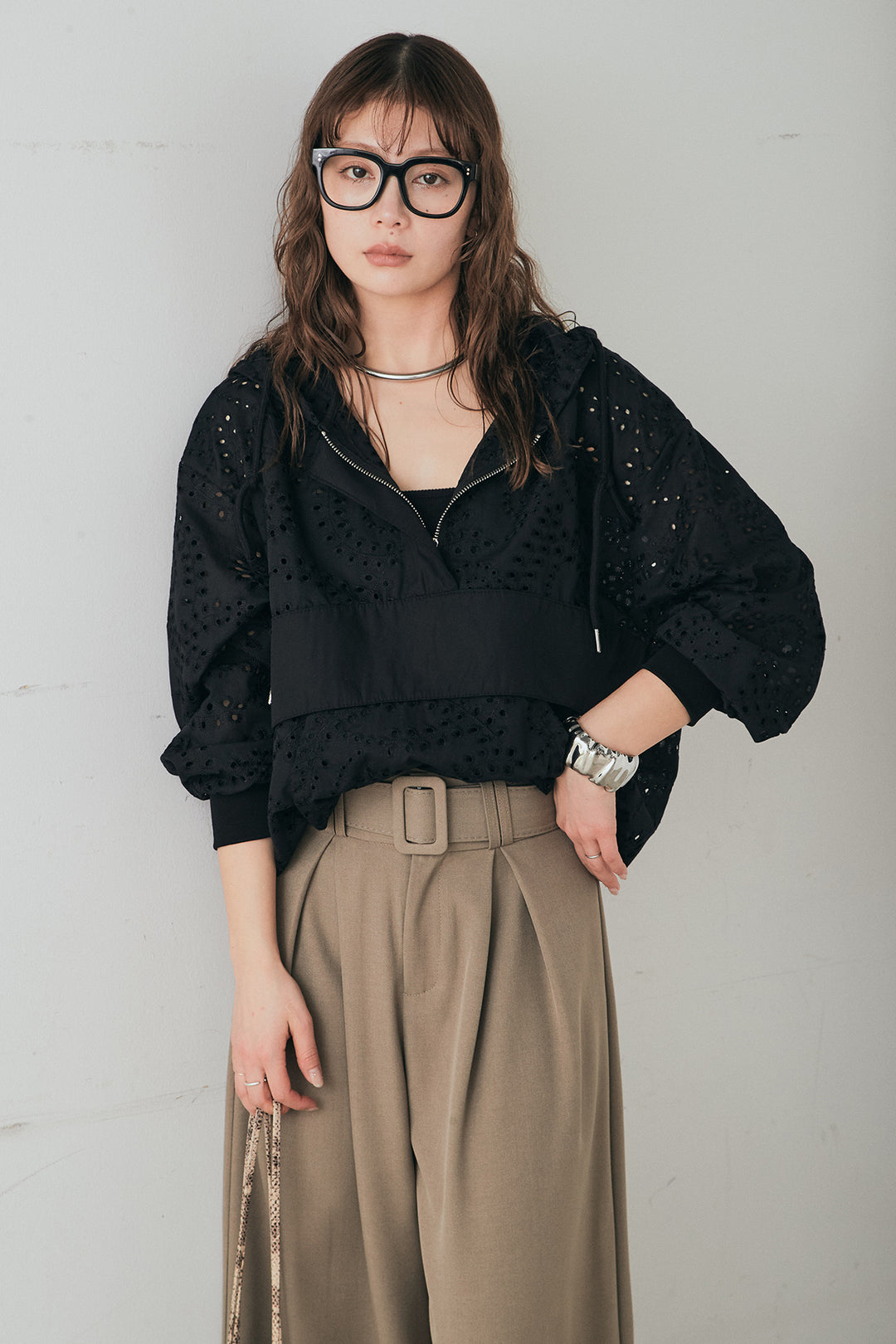 [SET]レースハーフジップアップフーディー+ベルト付きツータックワイドパンツ(2set)