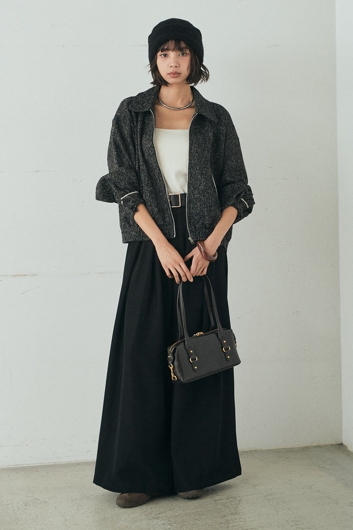 [SET]ツイード配色パイピングブルゾン+ベルト付きタックデザインハイウエストロングパンツ(2set)