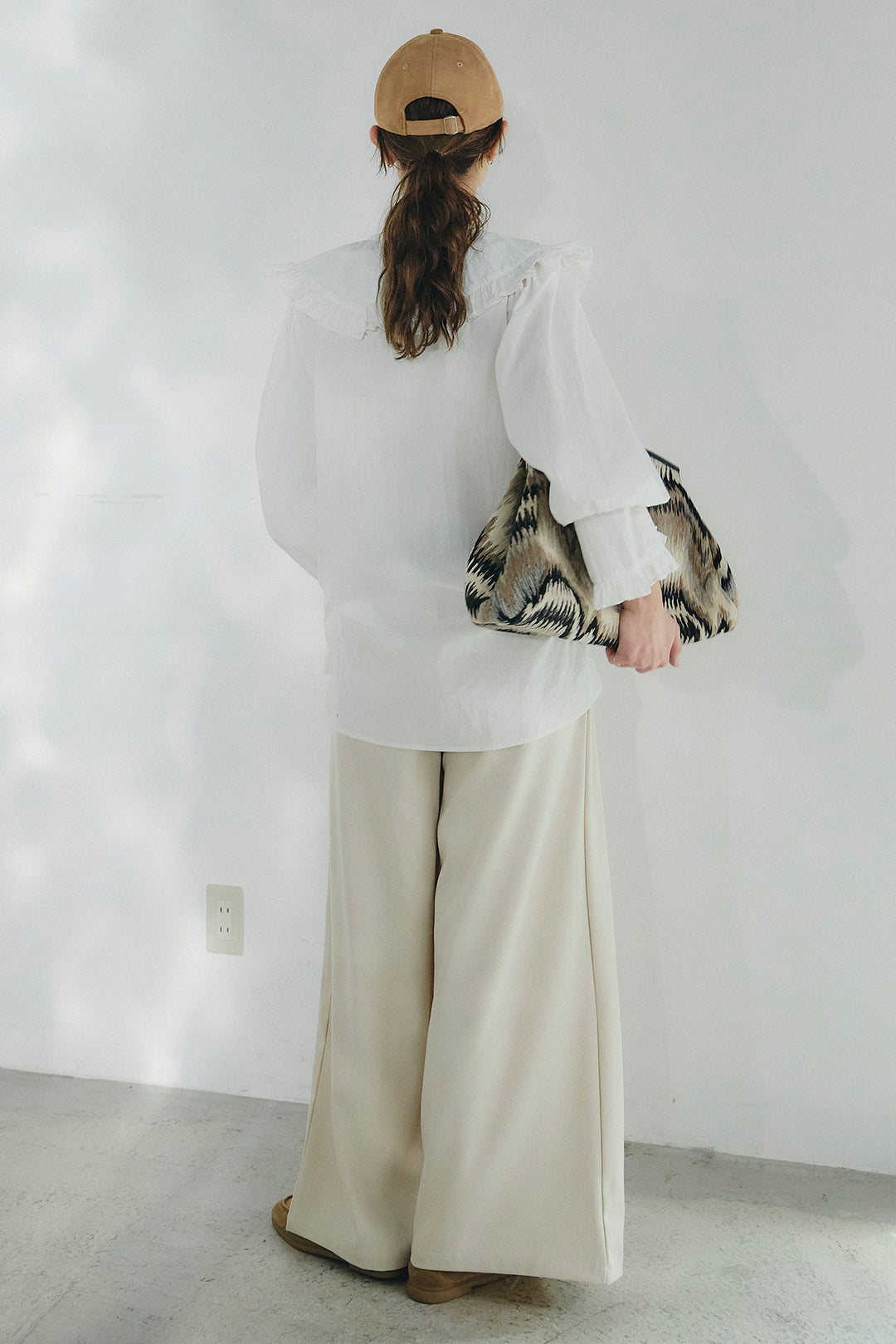 [SET]コットンフリルブラウス+ベルト付きタックデザインハイウエストロングパンツ(2set)