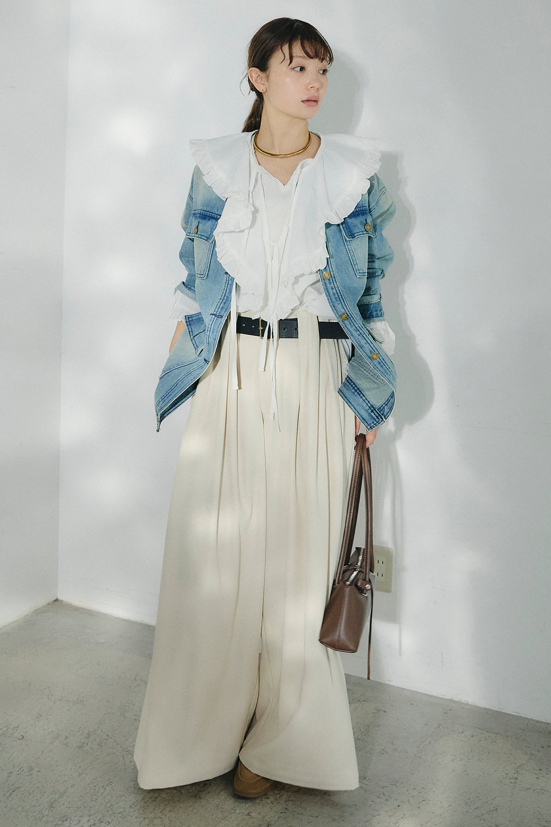 [SET]ノーカラーデニムポケットジャケット+コットンフリルブラウス+ベルト付きタックデザインハイウエストロングパンツ(3set)
