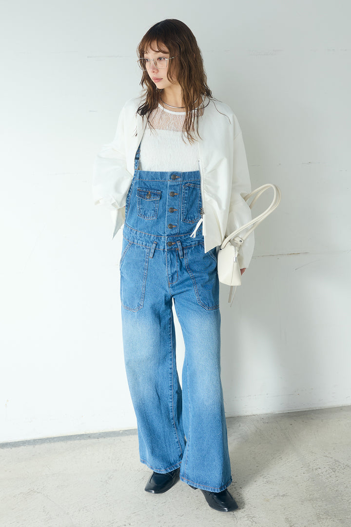 [SET]ノーカラーフロントギャザージップアウター+デニムサロペットワイドパンツ(2set)