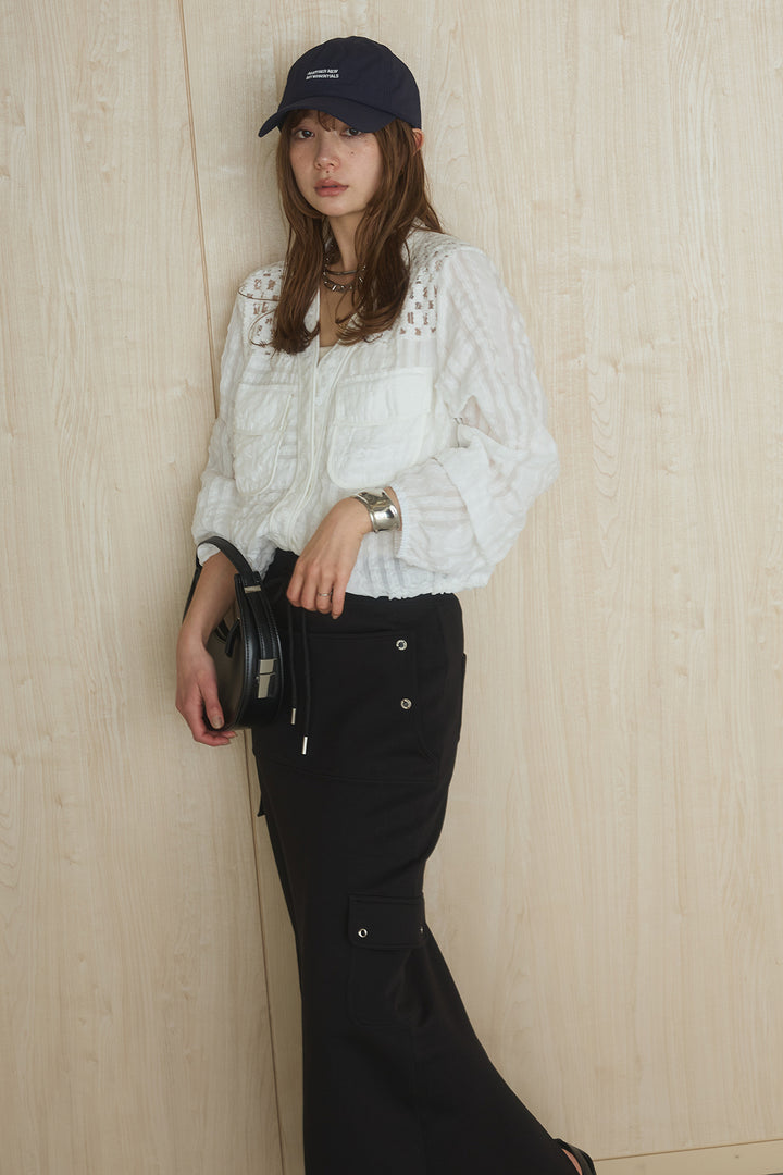 [SET]異素材切替シアーメッシュカーディガン+ドットボタン付きカットタイトスカート(2set)