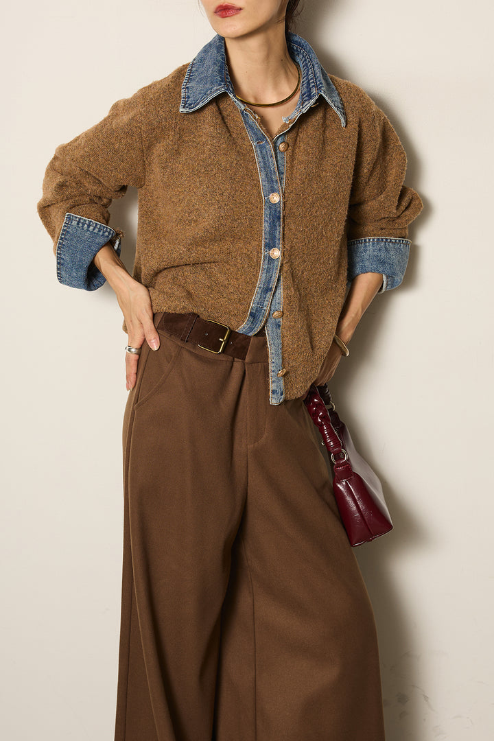 [SET]ニットドッキングデニムシャツ+フェイクレザーサイドベルトワイドパンツ+フェイクレザーベルト付き切り替えタータンチェックスカート(3set)