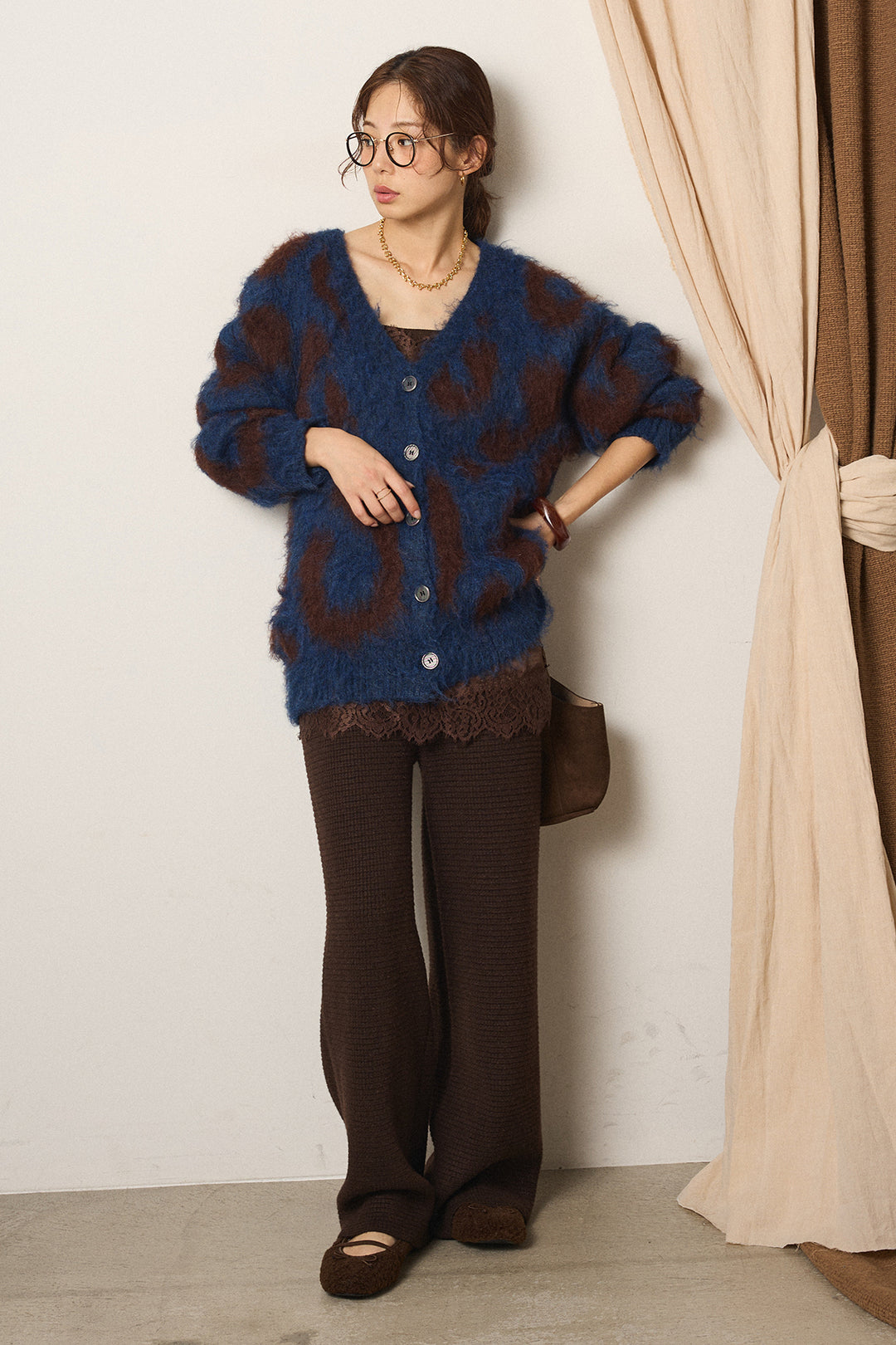 [SET]レオパードシャギータッチカーディガン+レースサテンキャミソール+ワイドリブニットイージーパンツ(3set)