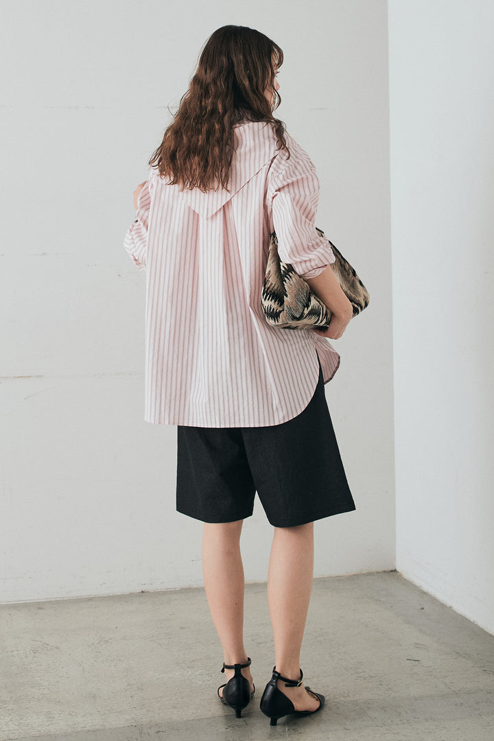 [SET]ランダムストライプスカーフ付きシャツ+デニムハーフパンツ(2set)