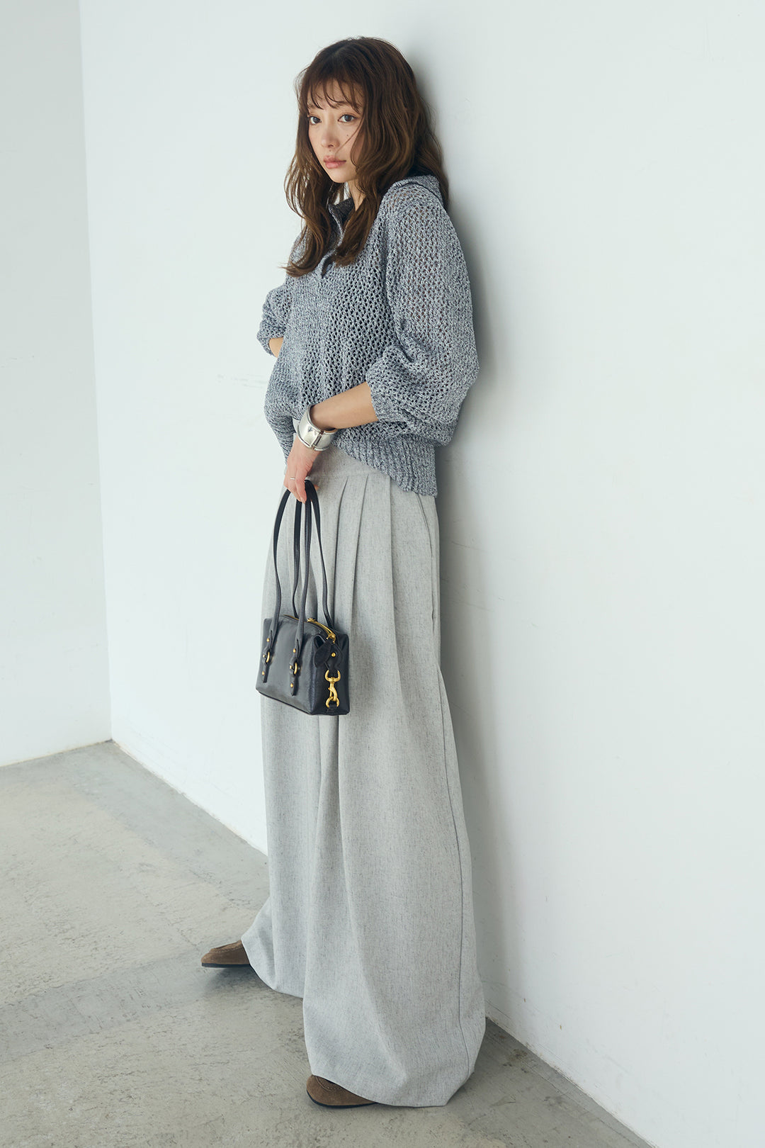 [SET]ミックスメッシュポロニット+麻混タックワイドパンツ(2set)