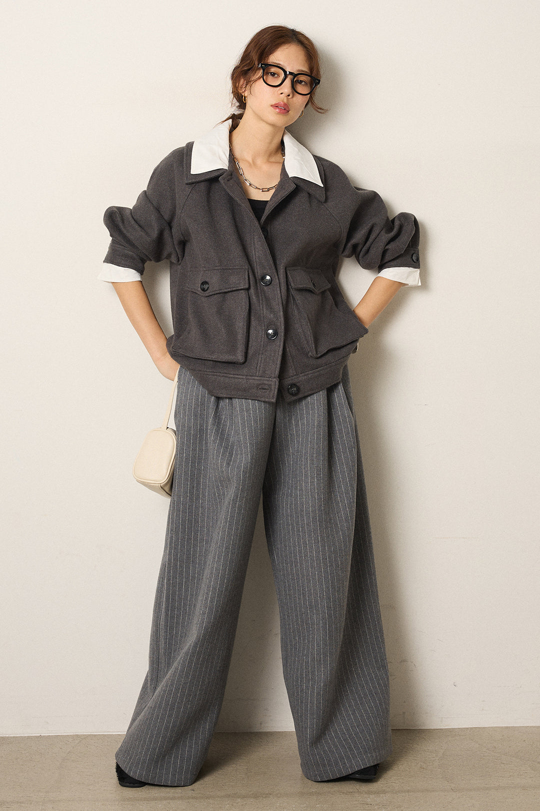 [SET]衿レイヤードフェイクウールジャケット+ウールライクストライプパンツ(2set)