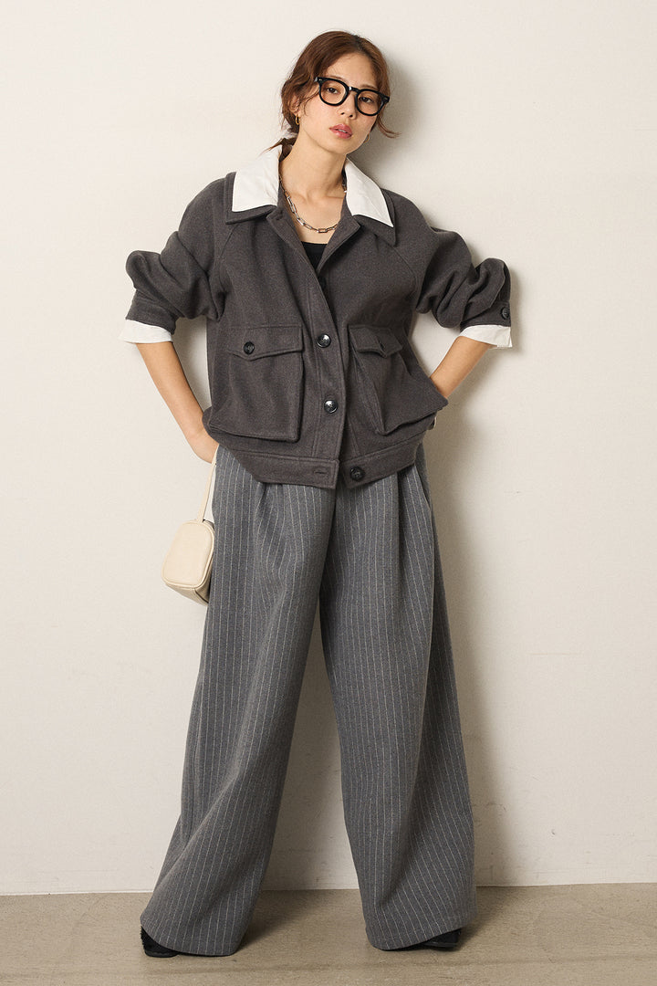 [SET]衿レイヤードフェイクウールジャケット+ウールライクストライプパンツ(2set)