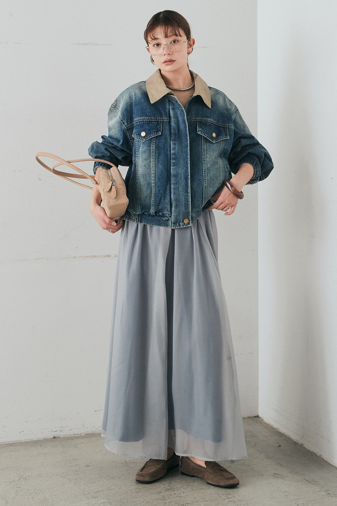 [SET]襟切り替えジップデニムジャケット+リラックスシアーフレアスカート(2set)