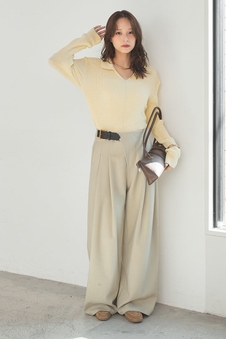 [SET]衿付きニットプルオーバー+サイドベルトタック入りスラックス(2set)