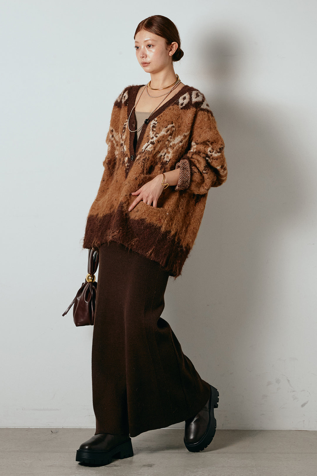 [SET]シャギーニュアンス柄ニットカーディガン+リブナローニットスカート(2set)