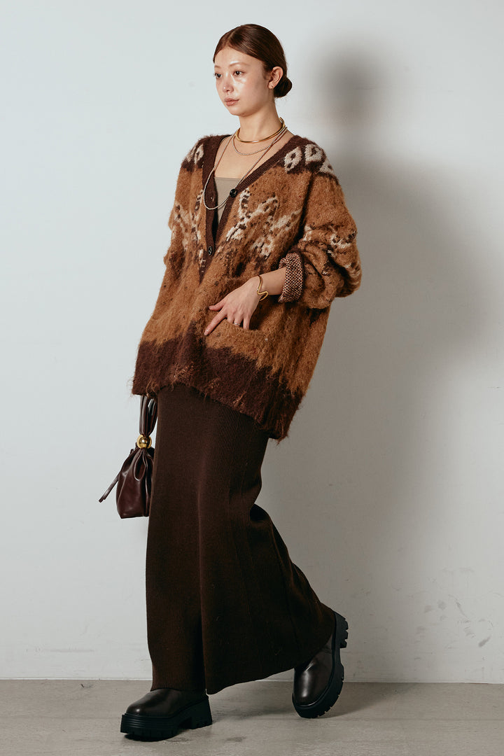 [SET]シャギーニュアンス柄ニットカーディガン+リブナローニットスカート(2set)