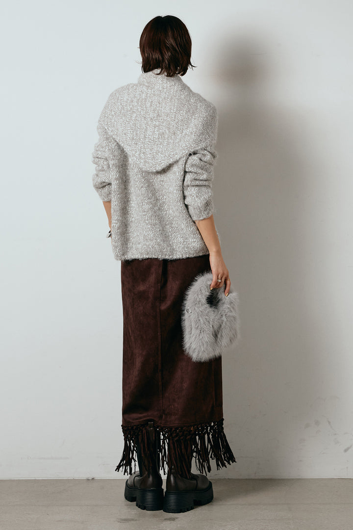 [SET]スカーフ付きミックスニットトップス+スウェードライク裾フリンジスカート(2set)