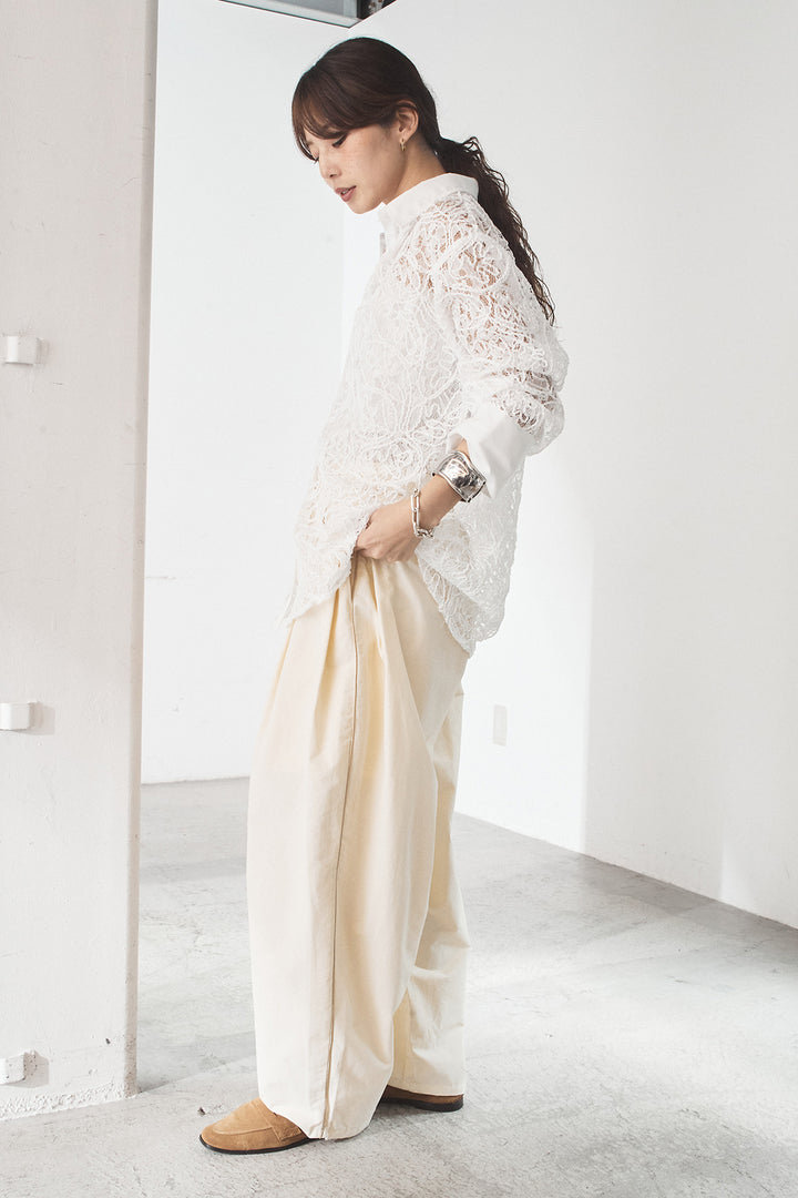 [SET]刺繍レースオーバーサイズシャツ+合繊ツイルパイピングタックカーブパンツ(2set)