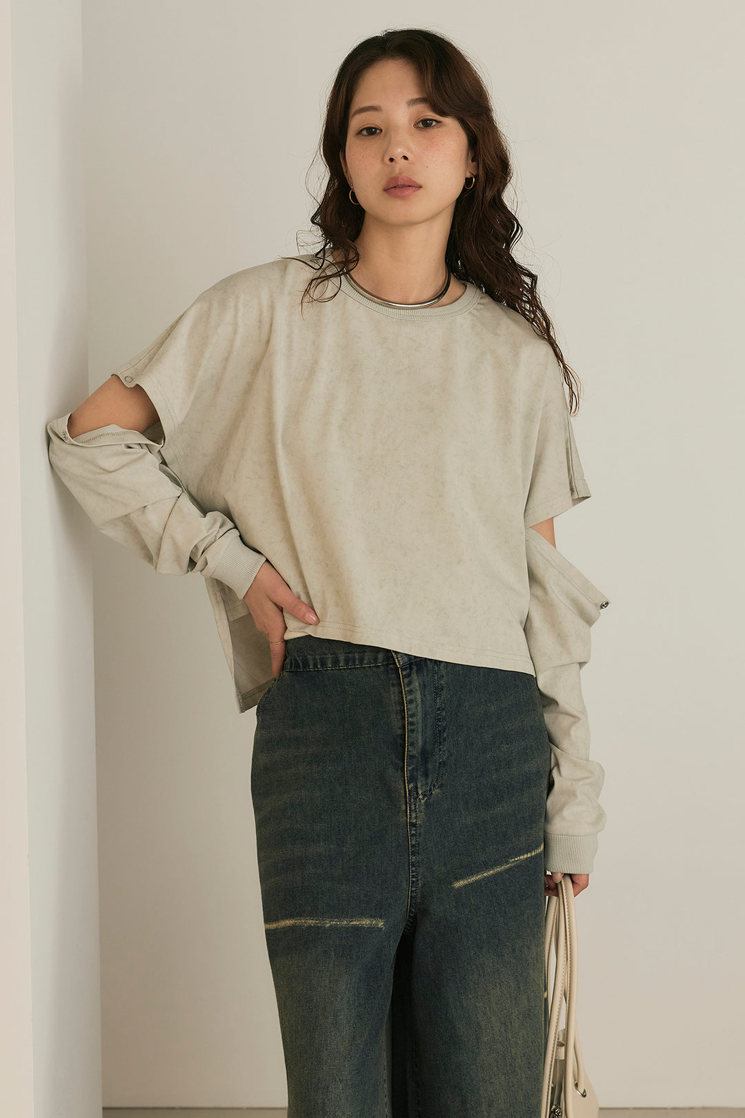[SET]セパレートフェードTシャツ+ランダムダメージデニムワイドパンツ(2set)