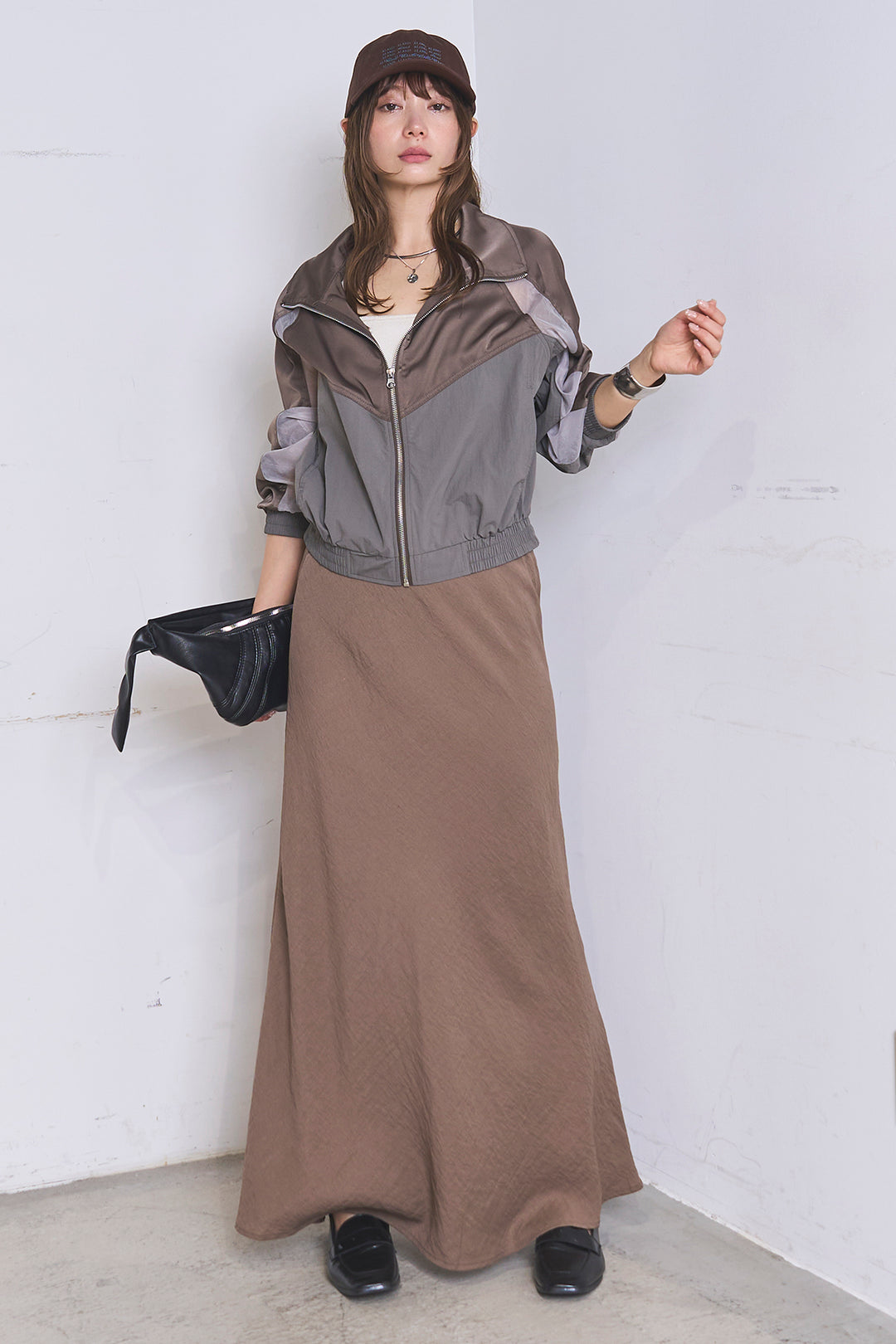 [SET]異素材切替ZIPブルゾン+リネンブレンドロングナロースカート(2set)