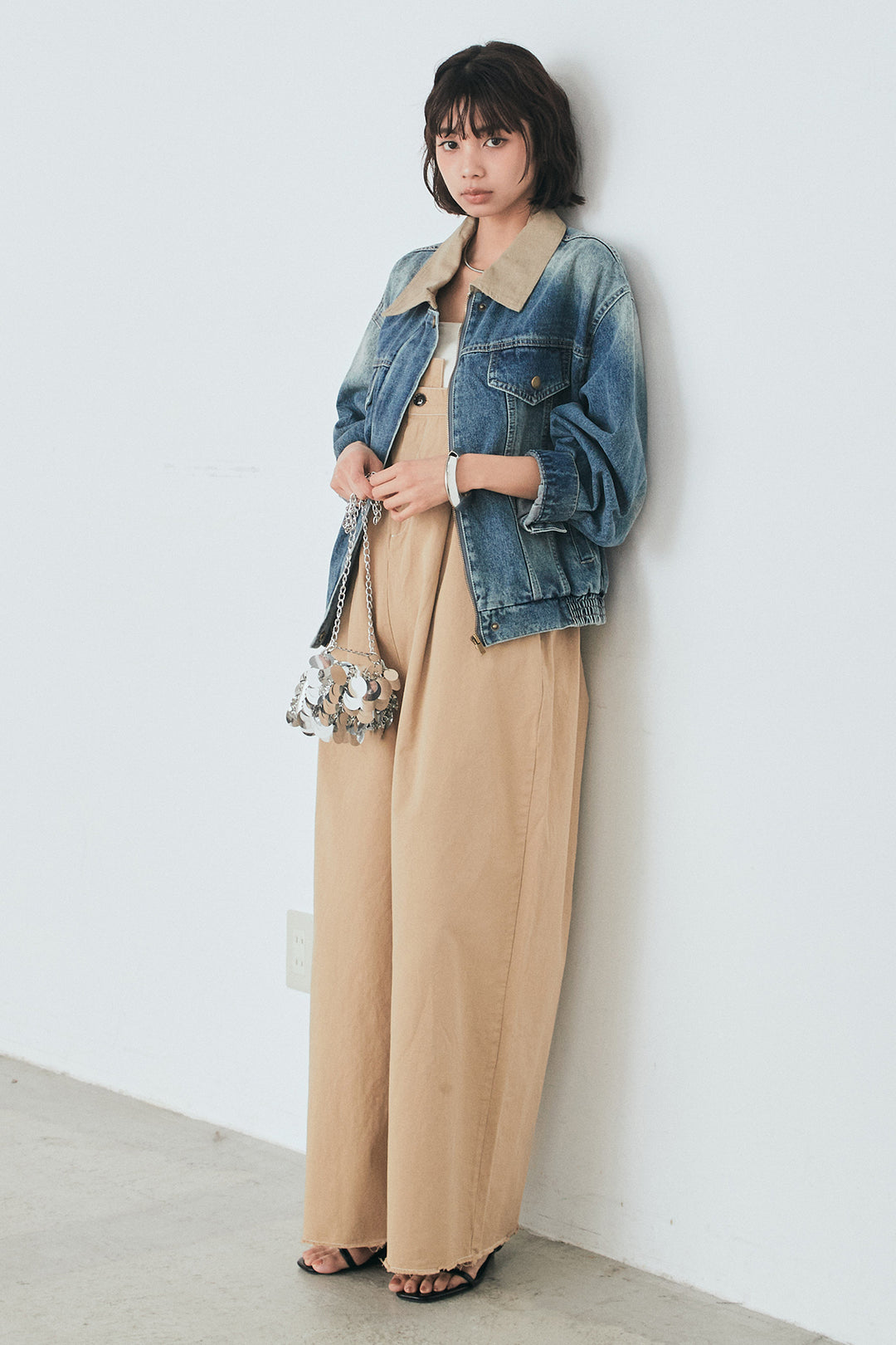 [SET]襟切り替えジップデニムジャケット+綿ツイルアシメサロペット(2set)