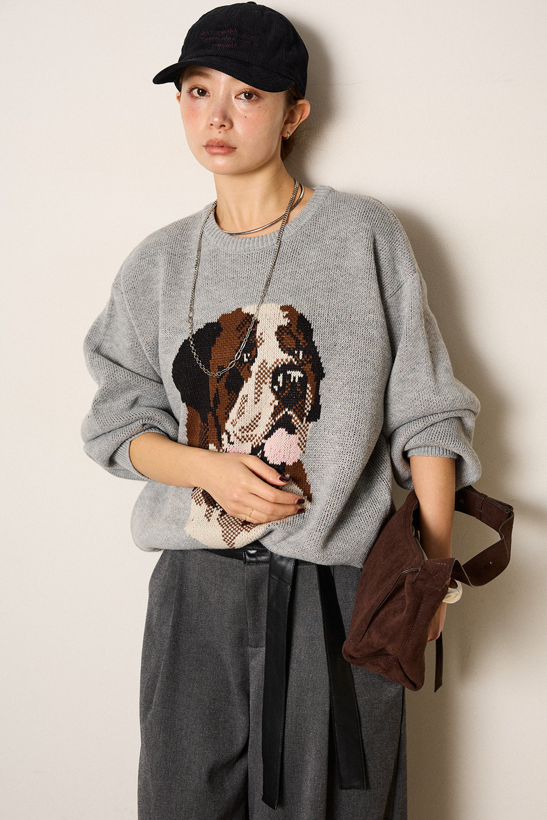 [SET]アニマルジャガード柄ニットトップス+巻ベルトウエストレザーライクワイドパンツ(2set)