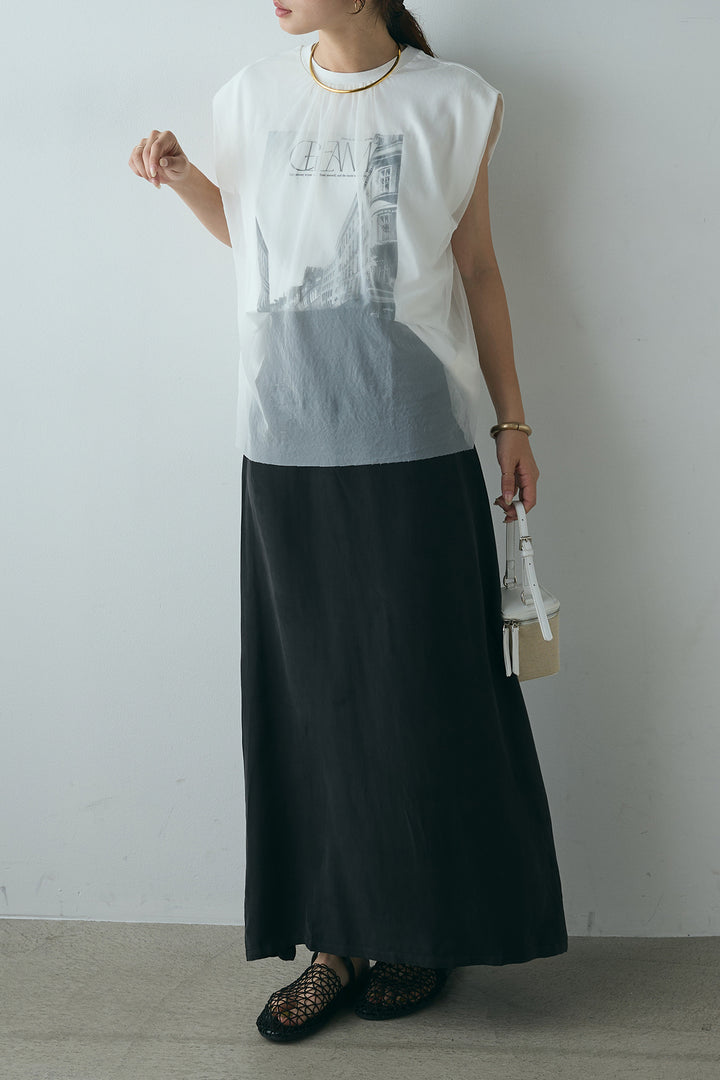 [SET]チュールレイヤードフォトプリントTシャツ+キュプラロングスカート(2set)