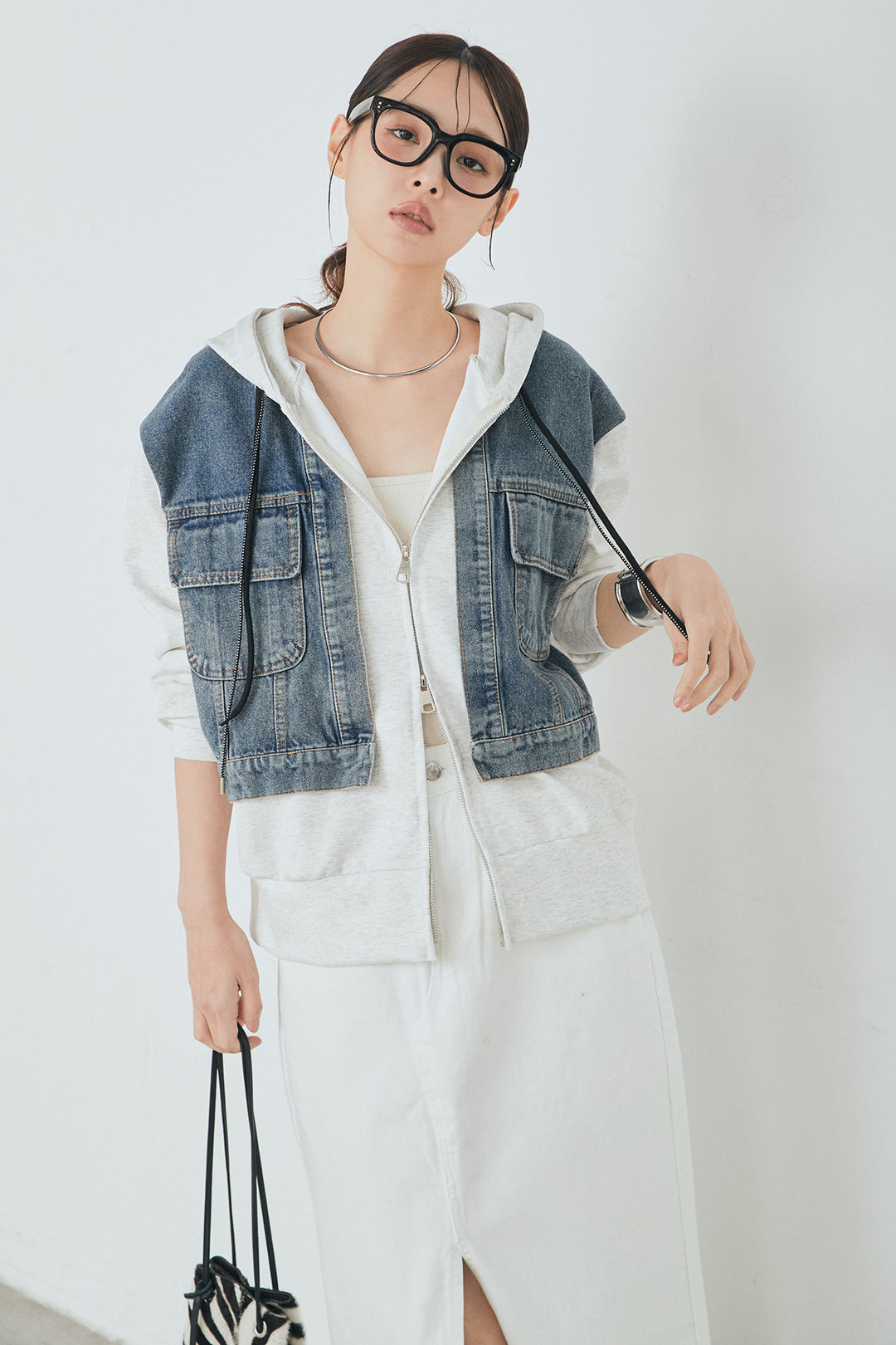 [SET]デニム切替ポンチダブルジップパーカー+裾レースデザインデニムスカート(2set)