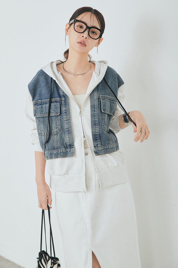 [SET]デニム切替ポンチダブルジップパーカー+裾レースデザインデニムスカート(2set)