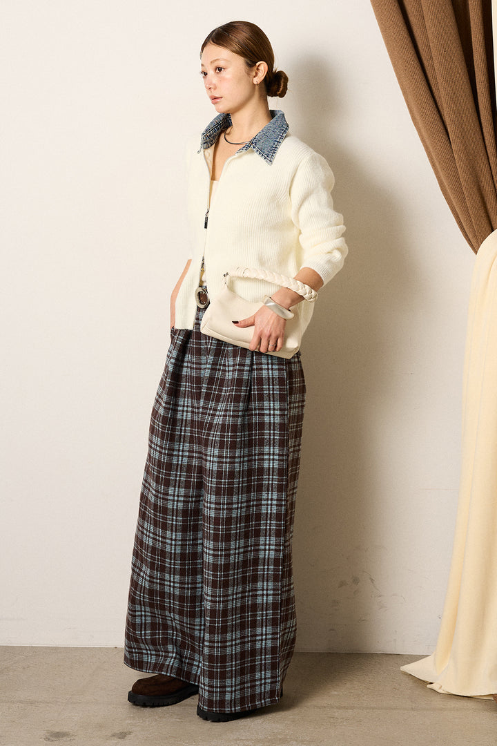 [SET]デニム襟ダブルジップニットトップス+スタッズデザインベルトタータンチェックパンツ(2set)