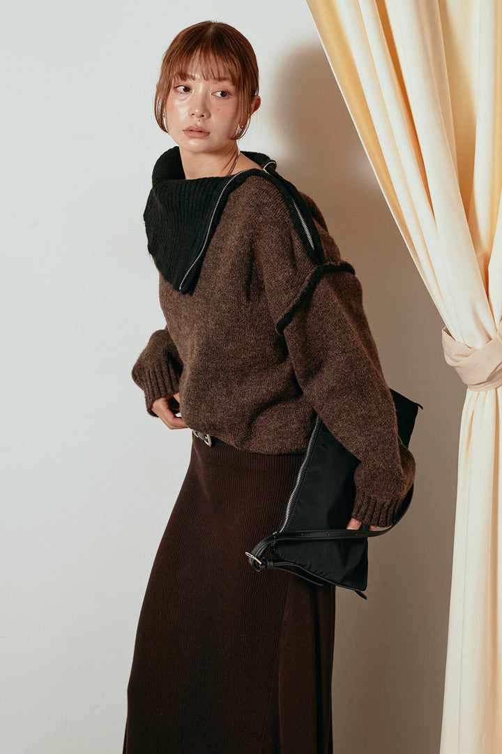 [SET]ハイネックジップデザインニットトップス+サイド切り替えリブニットロングスカート(2set)