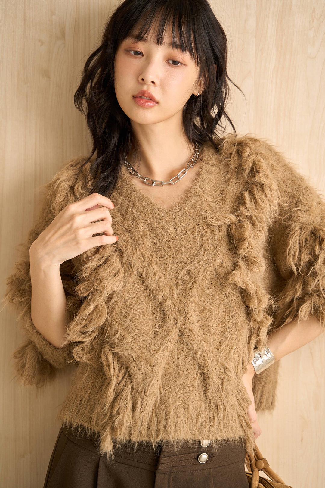 [SET]ランダムロングシャギーVネックニット+ナポレオンボタンデザインワイドパンツ(2set)
