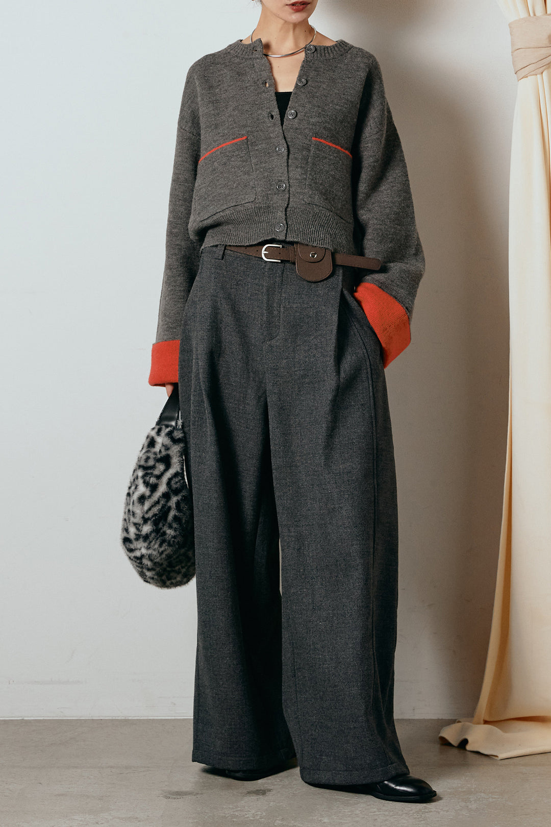 [SET]アルパカタッチダブルフェイスカーディガン+ポーチベルト付きカーブパンツ(2set)