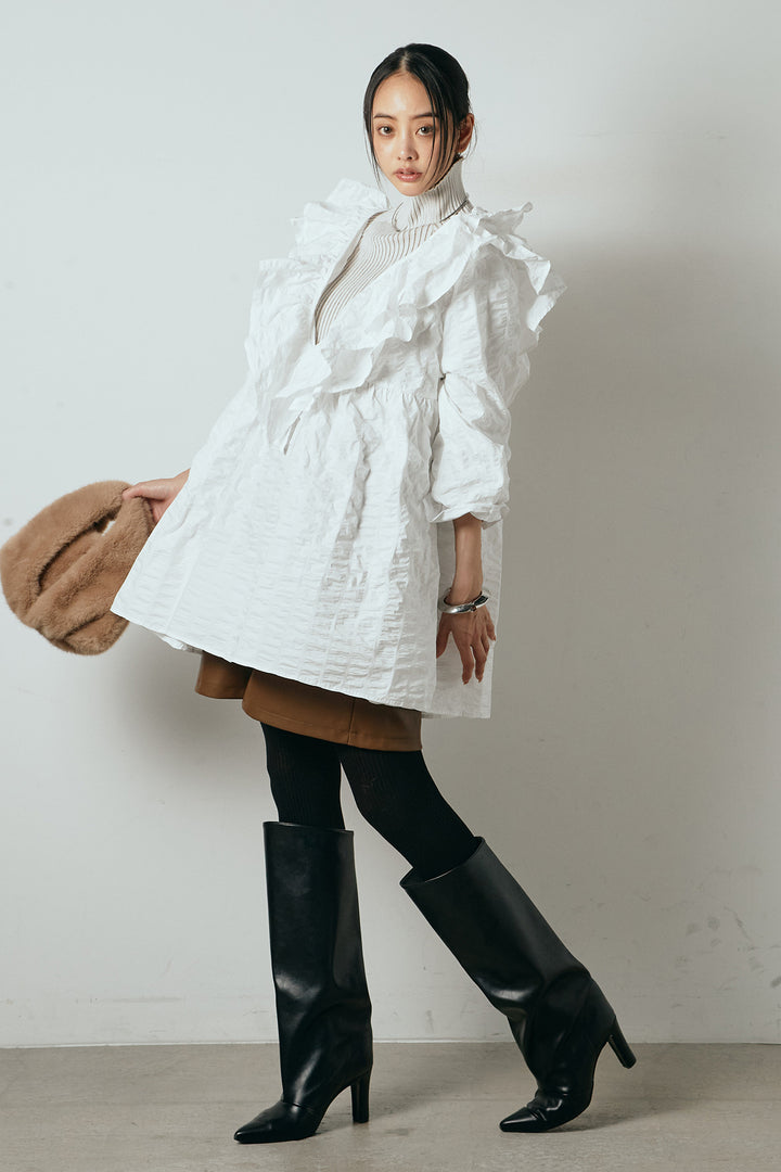 [SET]Vネックフリルカラーブラウス+ストレッチエコレザーバミューダパンツ(2set)