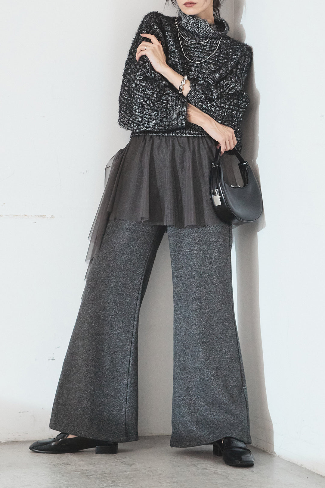 [SET]ミックス編みドルマンニットトップス+チュールレイヤードニットパンツ(2set)