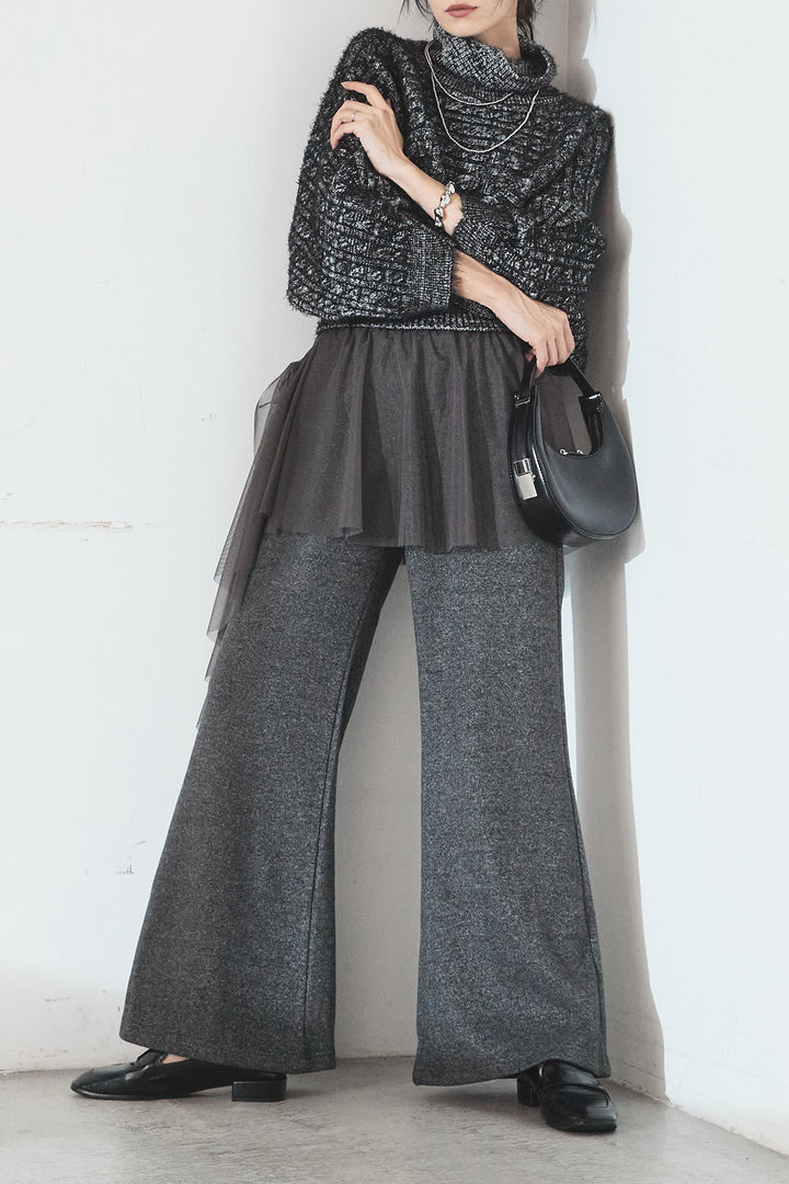 [SET]ミックス編みドルマンニットトップス+チュールレイヤードニットパンツ(2set)