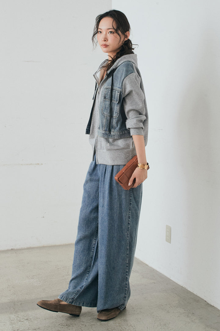 [SET]デニム切替ポンチダブルジップパーカー+テンセルデニムイージーワイドパンツ(2set)