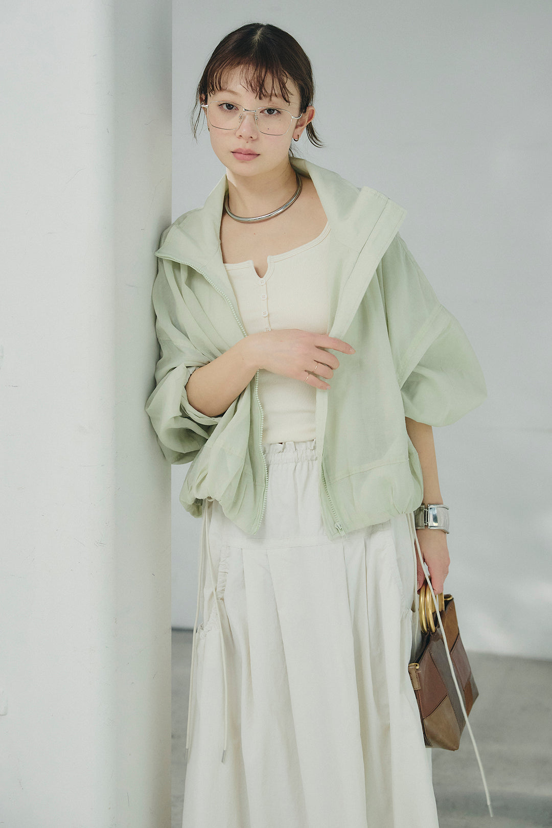 [SET]スタンドネックシアーブルゾン+ナイロンデザインフレアスカート(2set)